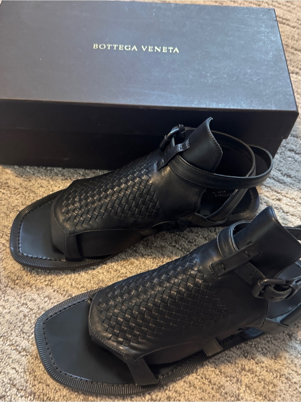 Bottega Veneta Black Woven Leather Flar Sandals 40.5